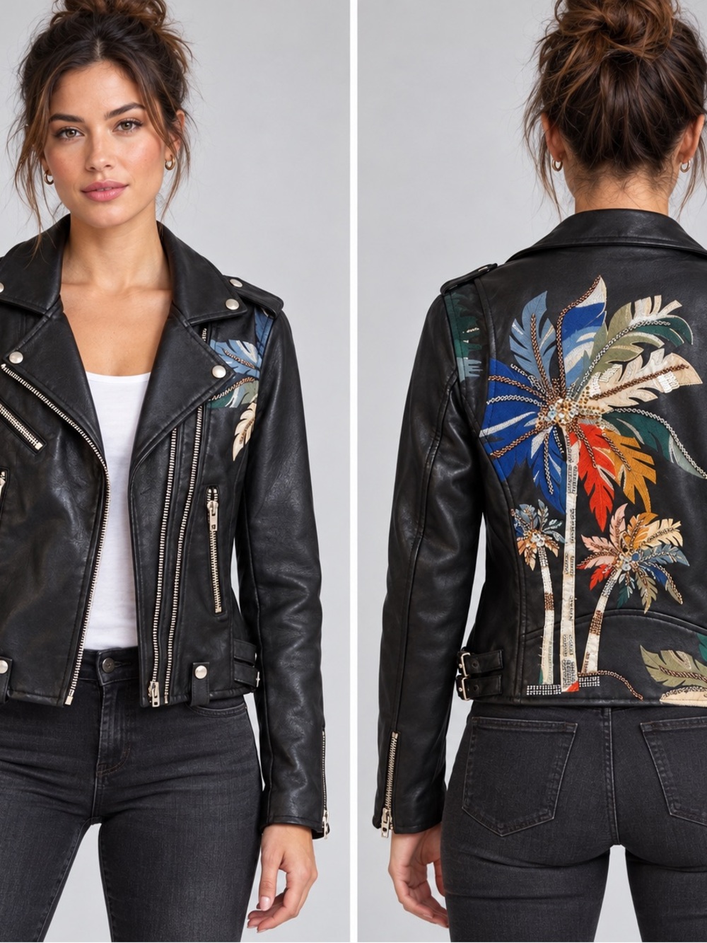 Blank NYC Black Leather Jacket with Multicolor Palm Embroidery